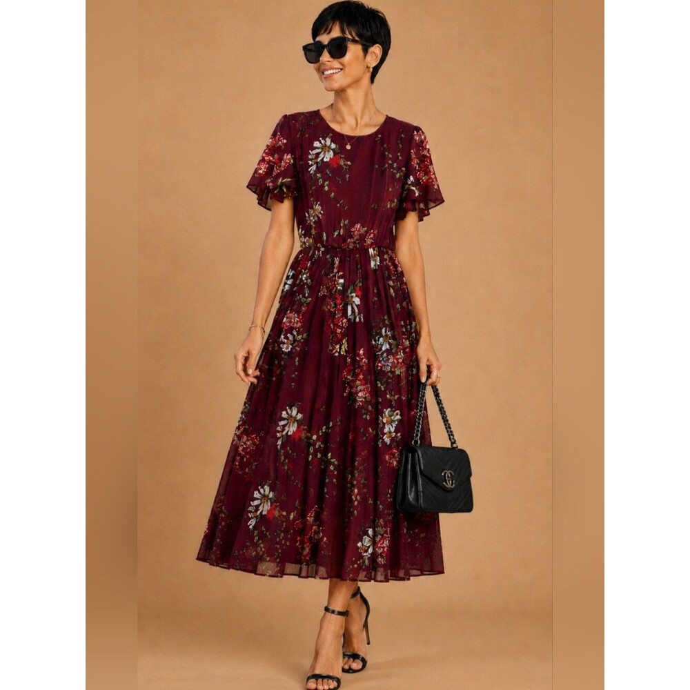 Women's Size 8 Floral Print Elastic Waist Satin Pleated Maxi Dress